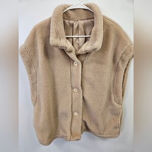 Womens Sherpa Vest Button Front Side Pockets Medium Beige